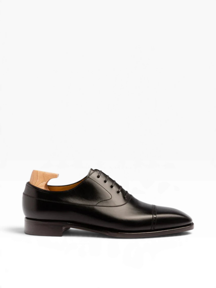 Bourgee a world class shoe store black boxcalf leather Oxford lace-up shoe with a punched cap toe and Picasso last