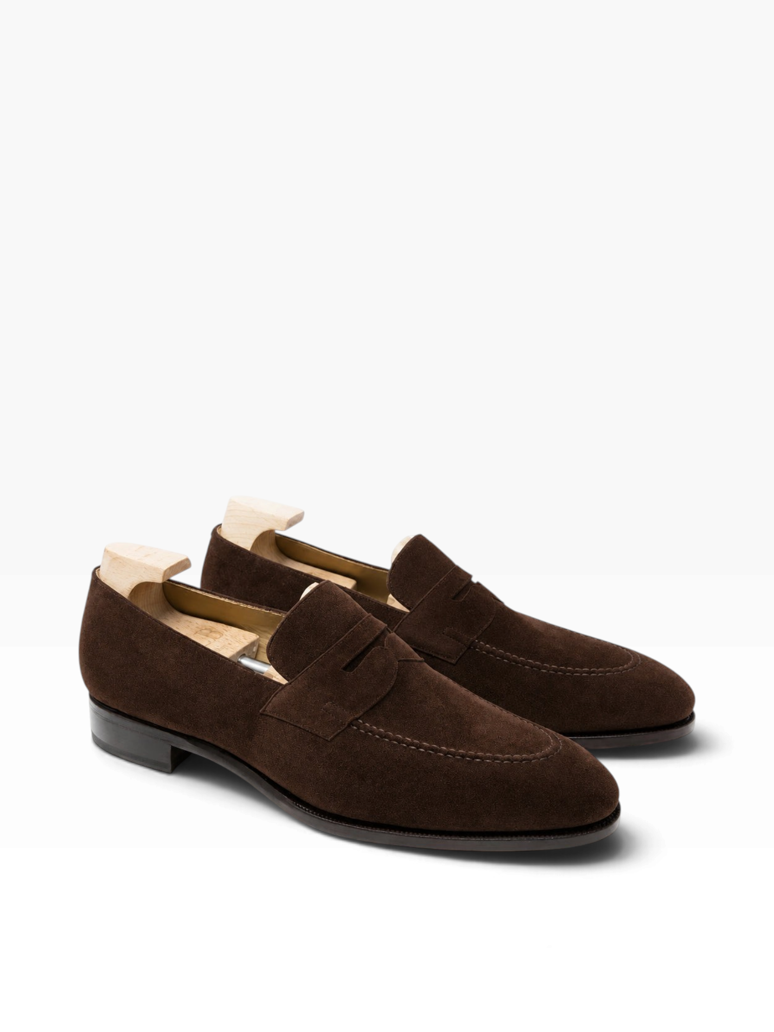 Bourgee a world class shoe store brown suede polo loafers with a round toe and leather sole on a white background
