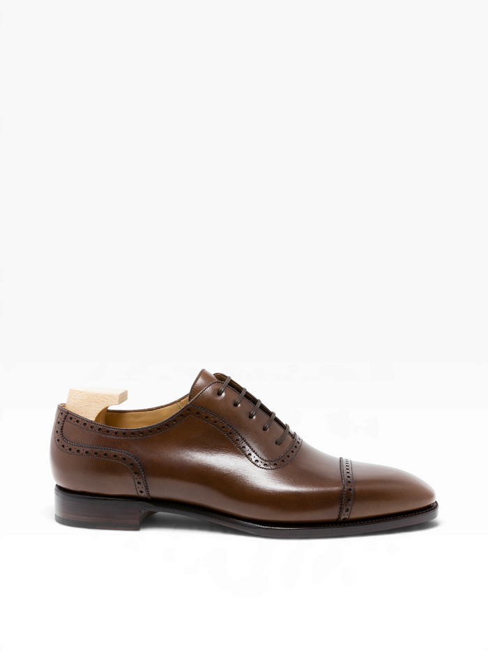 Bourgee a world class shoe store brown Vegano leather Adelaide Oxford with punched cap toe and Picasso last