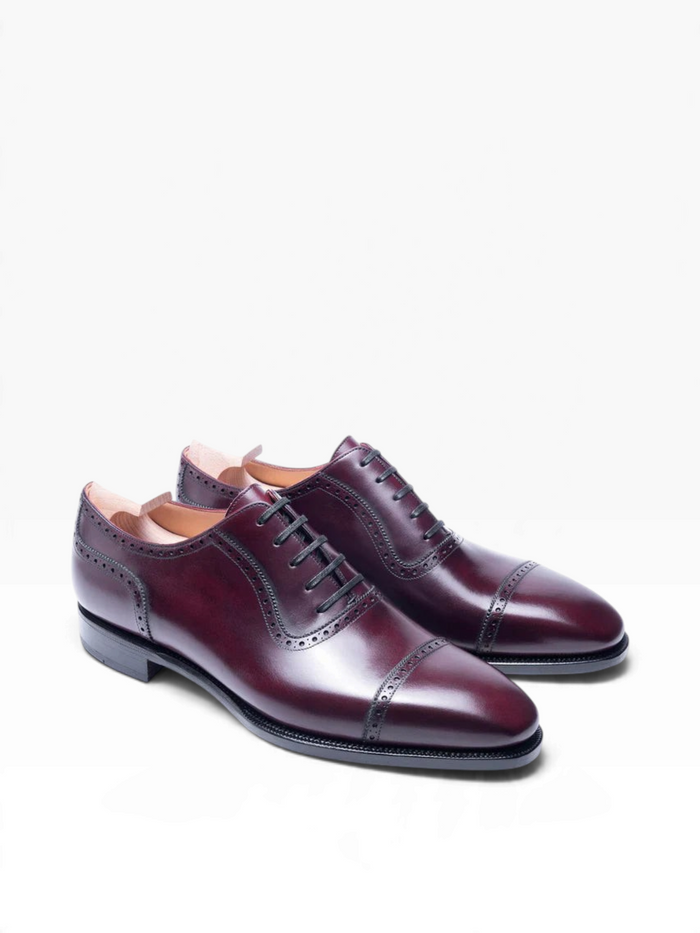 Bourgee a world class shoe store burgundy Vegano leather Adelaide Oxford shoes with a punched cap toe