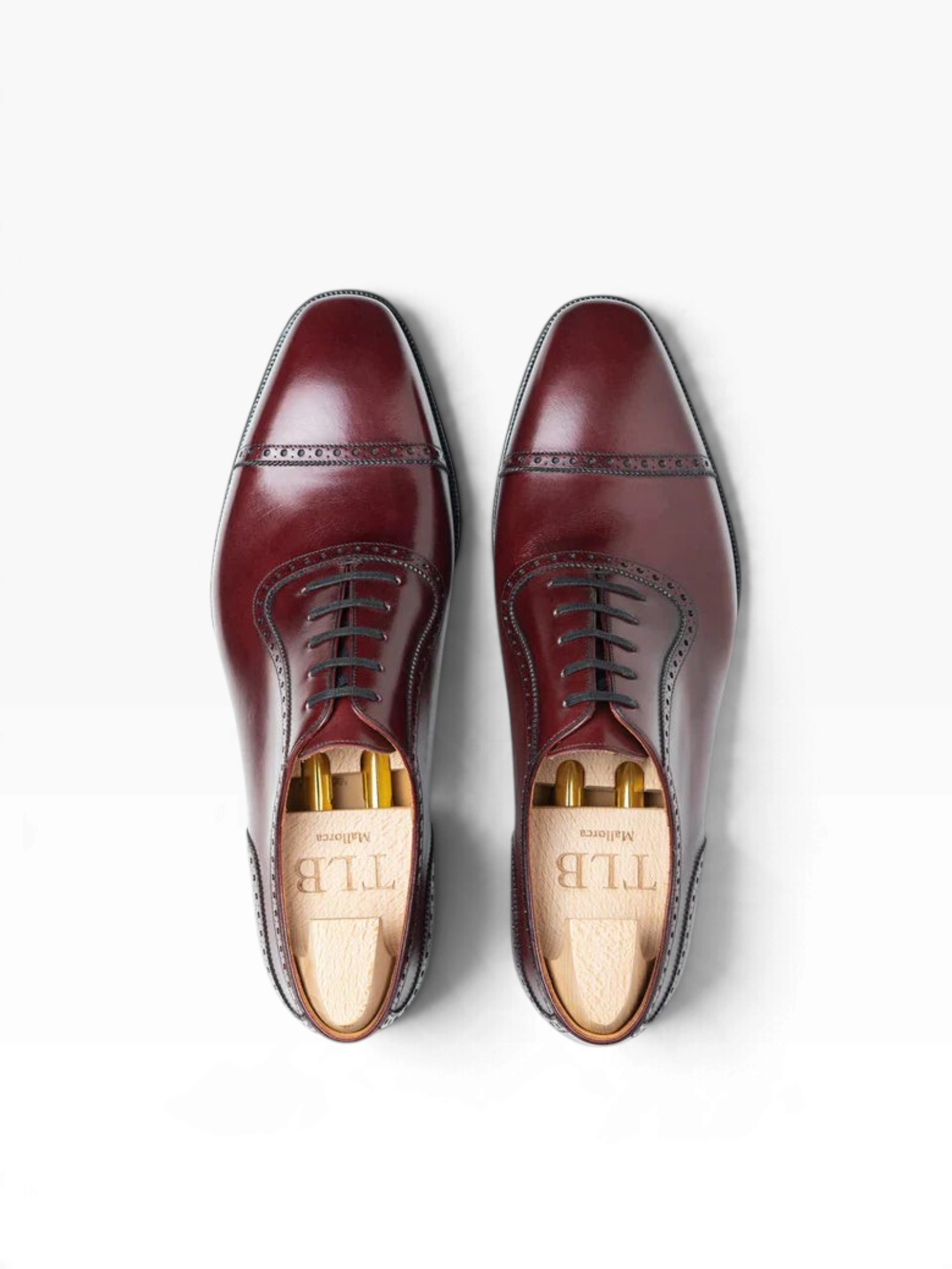 Bourgee a world class shoe store burgundy Vegano leather Adelaide Oxford shoes with punched cap toe and wood shoe trees