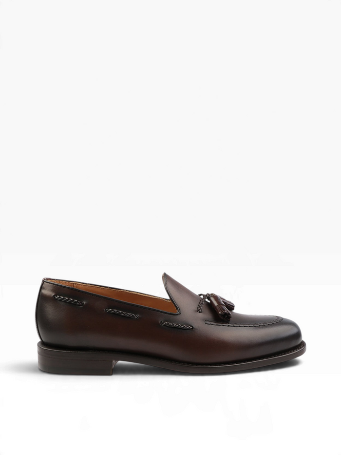 Bourgee a world class shoe store brown leather tassel loafer with handcrafted beading and Goodyear welt construction