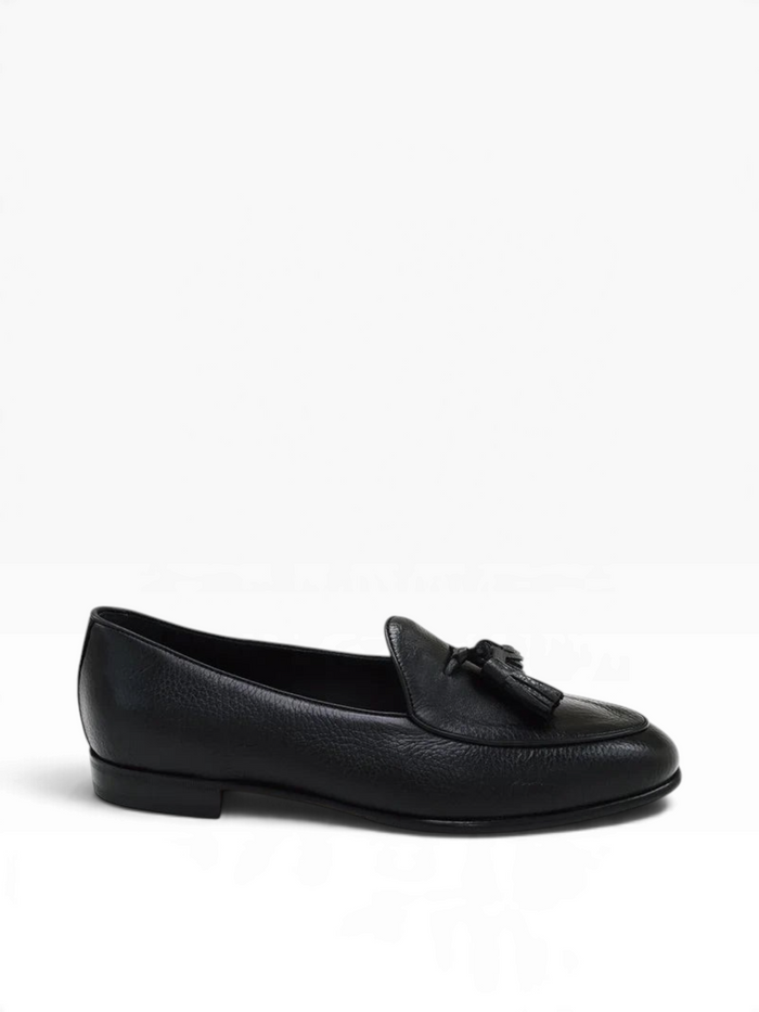 Bourgee a world class shoe store Berwick black deerskin leather tassel loafer with a durable rubber sole.