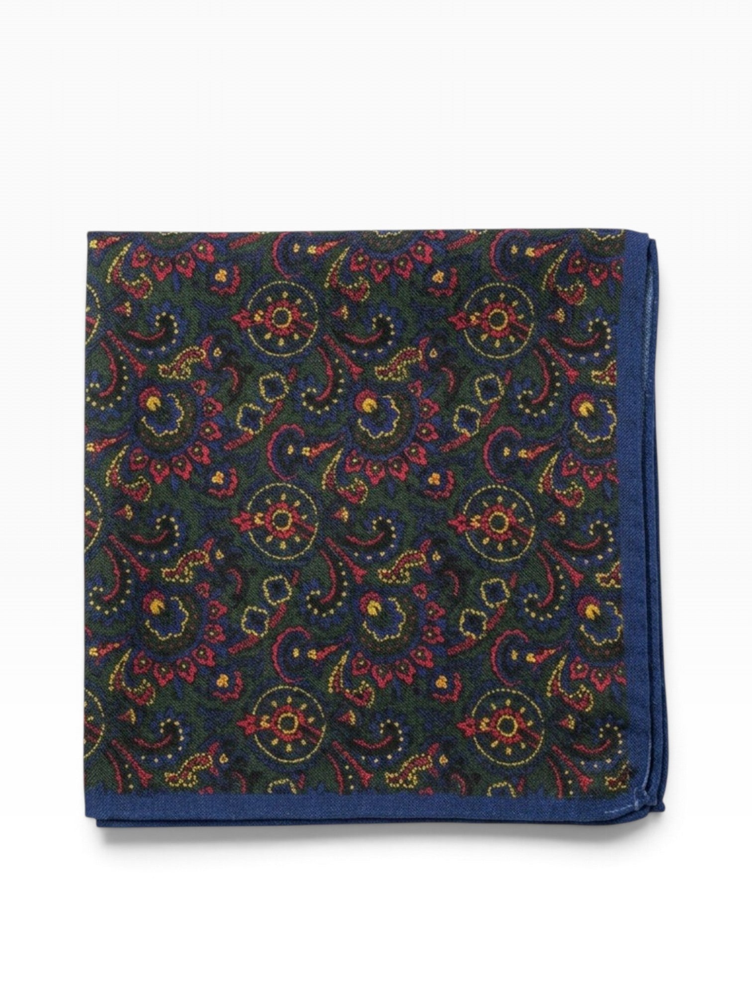 Bourgee a world class shoe store navy wool pocket square with a multicolour paisley and floral print and blue border.