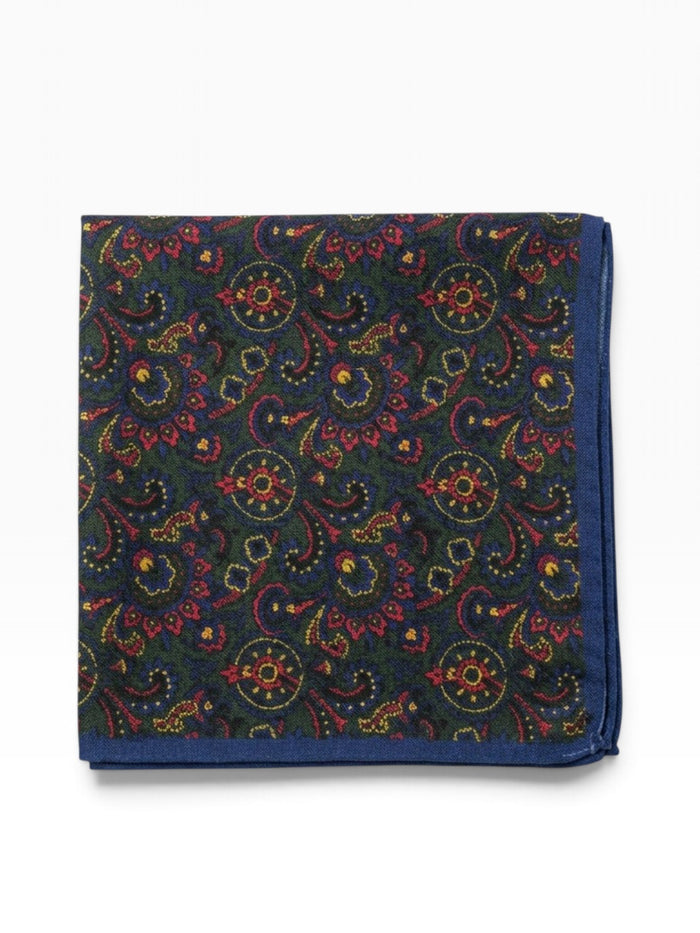 Bourgee a world class shoe store navy wool pocket square with a multicolour paisley and floral print and blue border.
