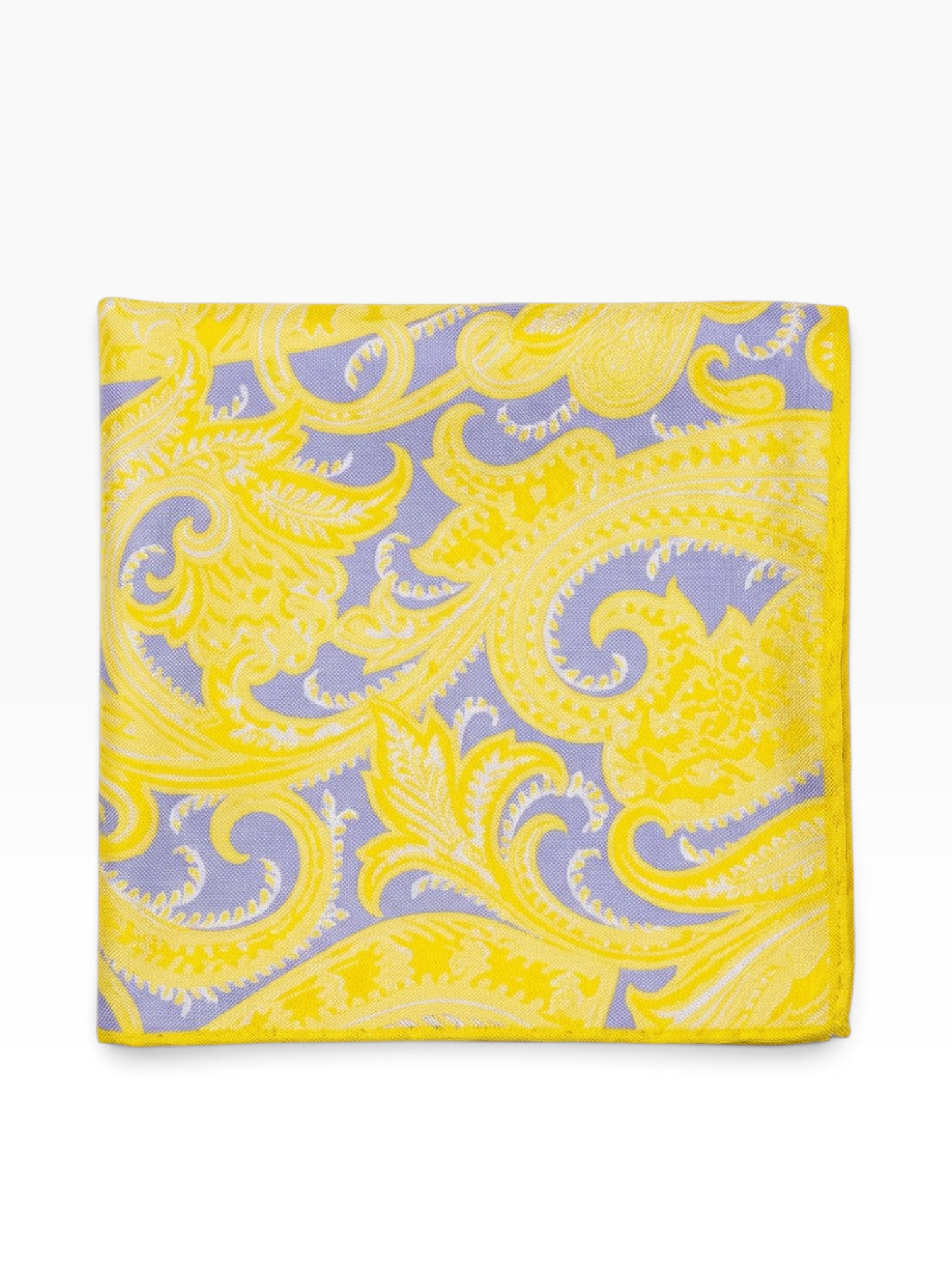 Bourgee a world class shoe store yellow silk pocket square with an intricate paisley pattern on a lavender background