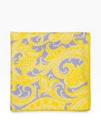 Bourgee a world class shoe store yellow silk pocket square with an intricate paisley pattern on a lavender background