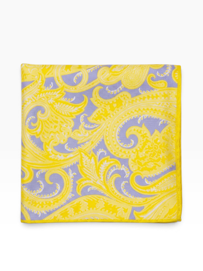Bourgee a world class shoe store yellow silk pocket square with an intricate paisley pattern on a lavender background