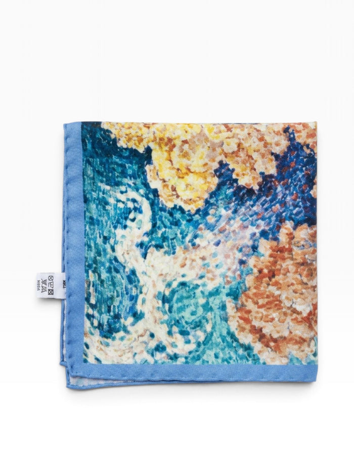 Bourgee a world class shoe store silk pocket square with a multicolour abstract print and blue border