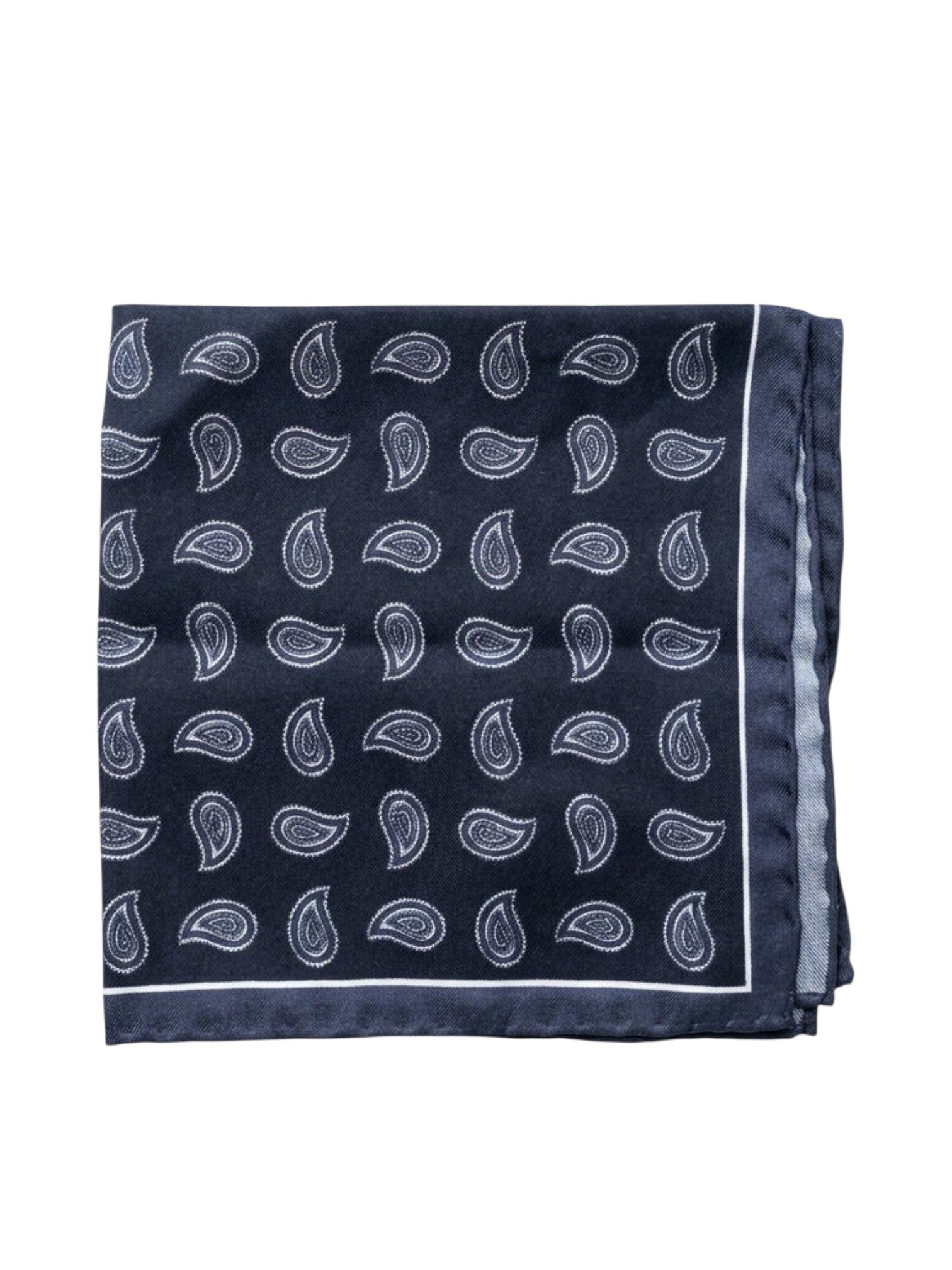 Bourgee a world class shoe store black silk pocket square with white paisley print and a contrasting border