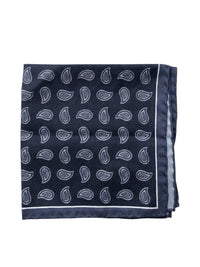 Bourgee a world class shoe store black silk pocket square with white paisley print and a contrasting border