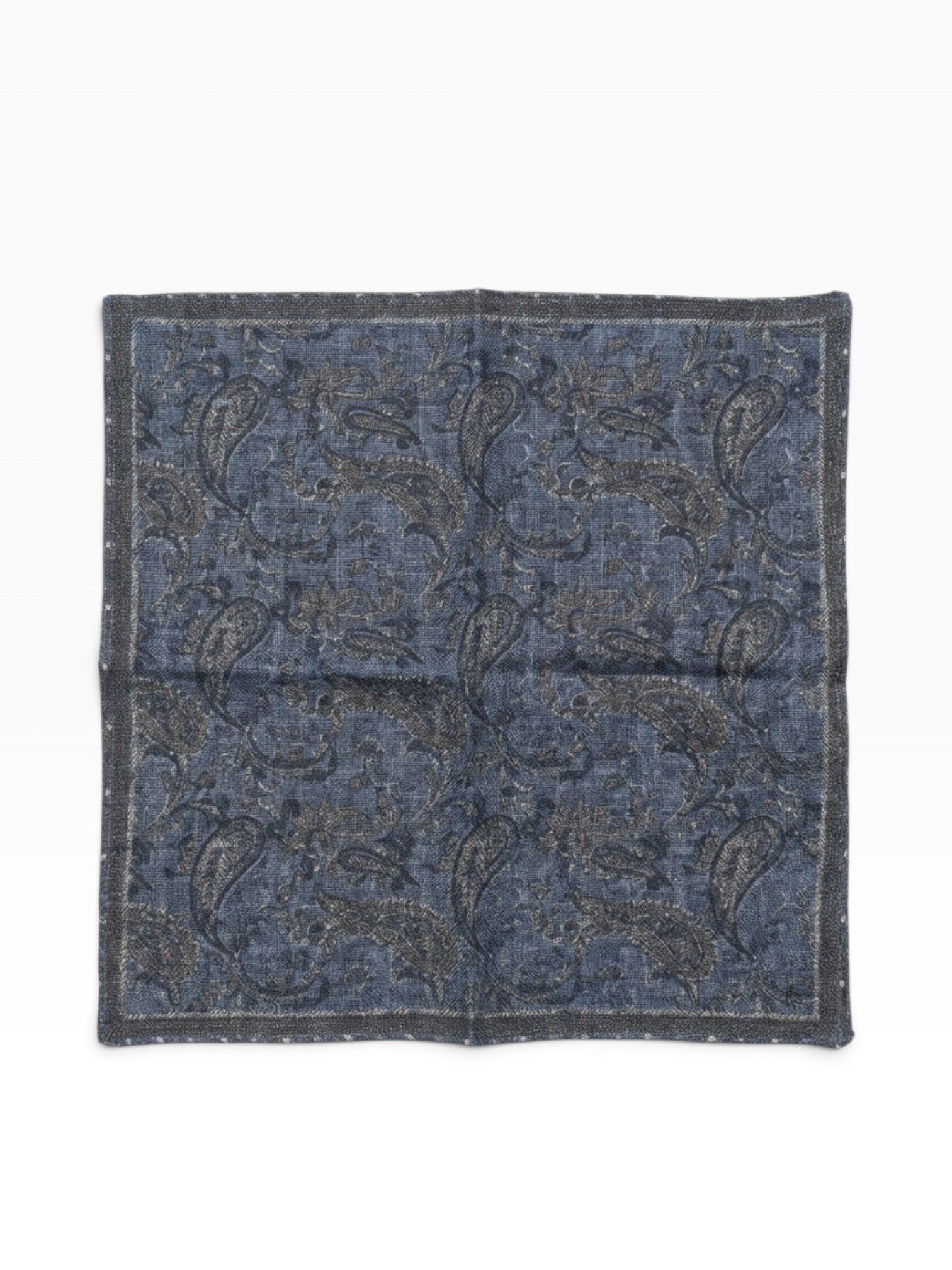 Bourgee a world class shoe store blue wool pocket square with an intricate paisley pattern and dark border.