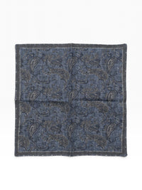 Bourgee a world class shoe store blue wool pocket square with an intricate paisley pattern and dark border.