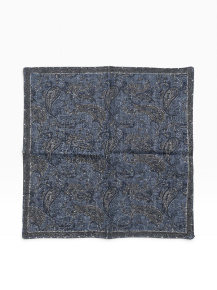 Bourgee a world class shoe store blue wool pocket square with an intricate paisley pattern and dark border.