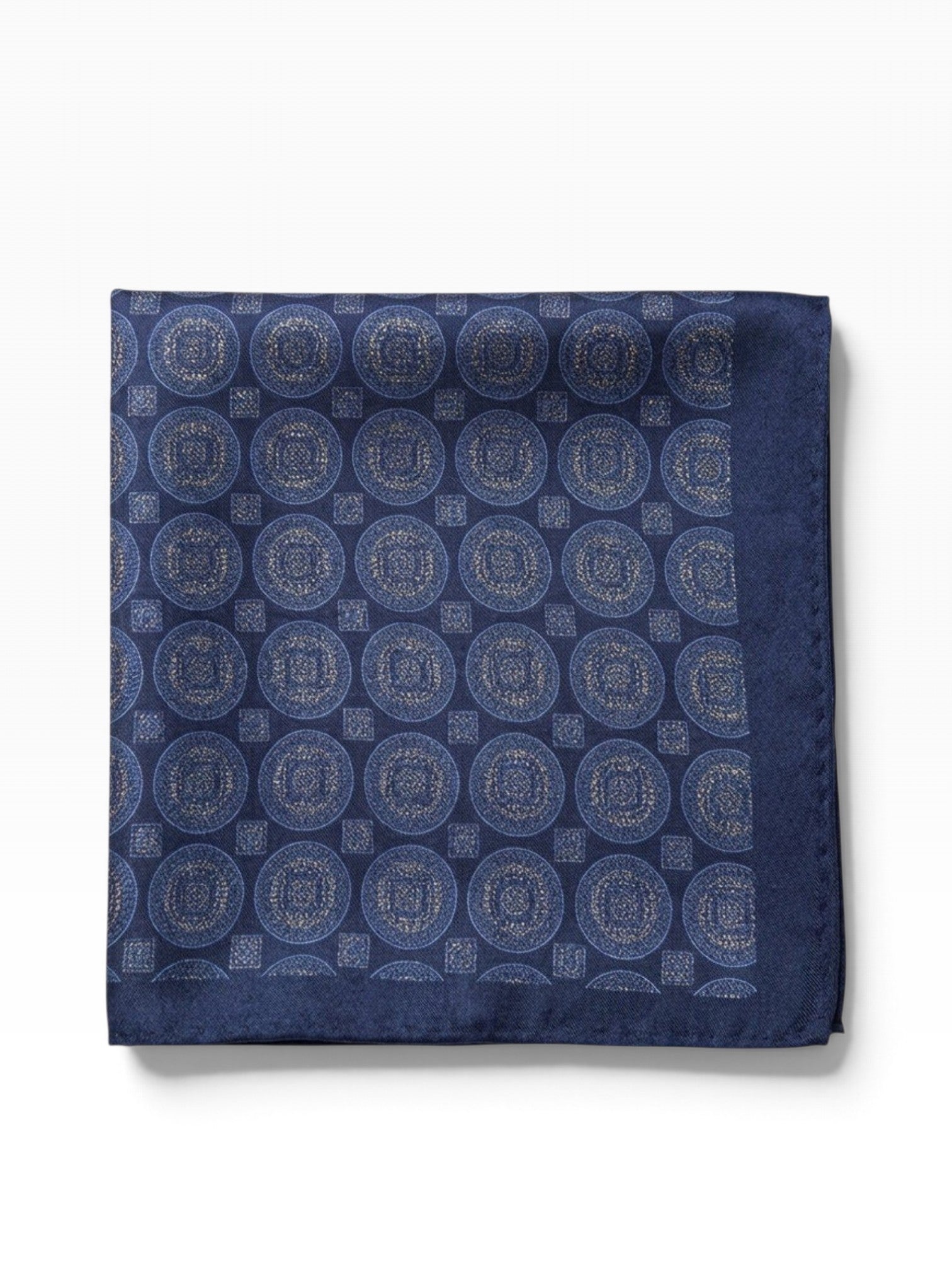 Bourgee a world class shoe store navy blue silk pocket square with gold geometric circular pattern for formal wear