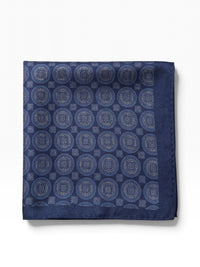 Bourgee a world class shoe store navy blue silk pocket square with gold geometric circular pattern for formal wear