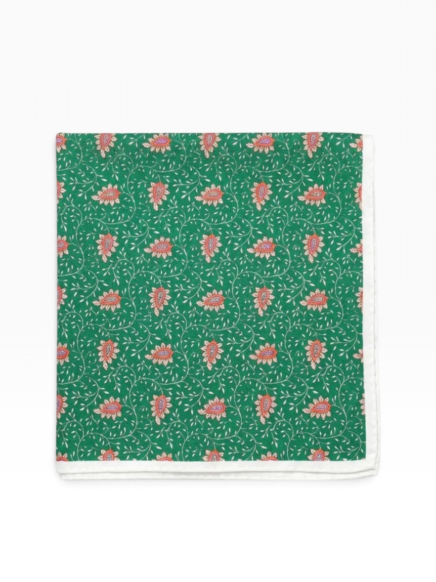 Bourgee a world class shoe store green silk pocket square with intricate paisley floral print and white border