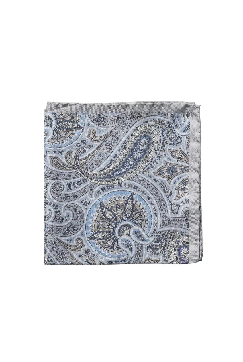Bourgee a world class shoe store silk pocket square with intricate blue paisley print and a light grey border.