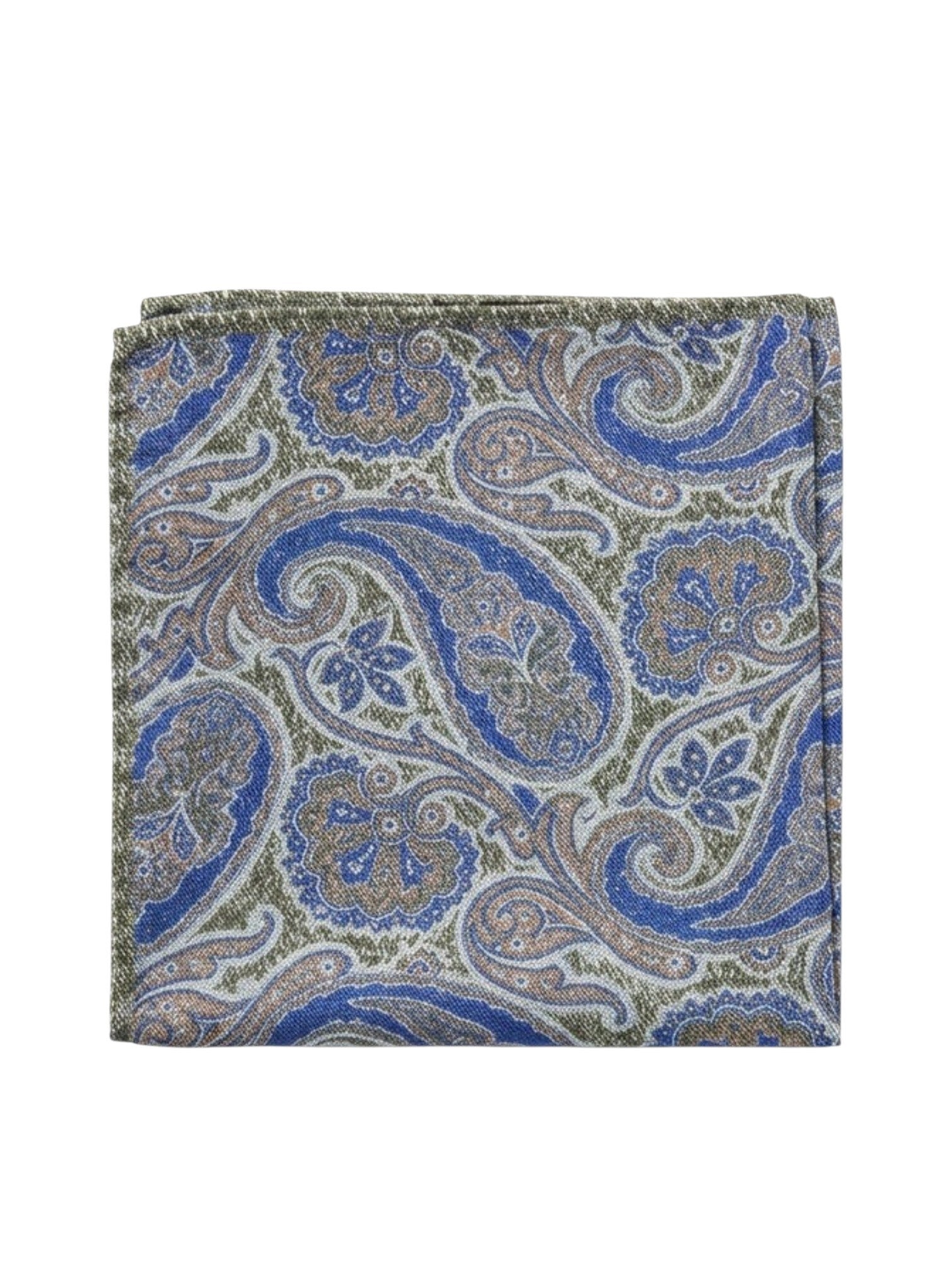 Bourgee a world class shoe store silk pocket square with blue paisley and geometric patterns on an olive background.