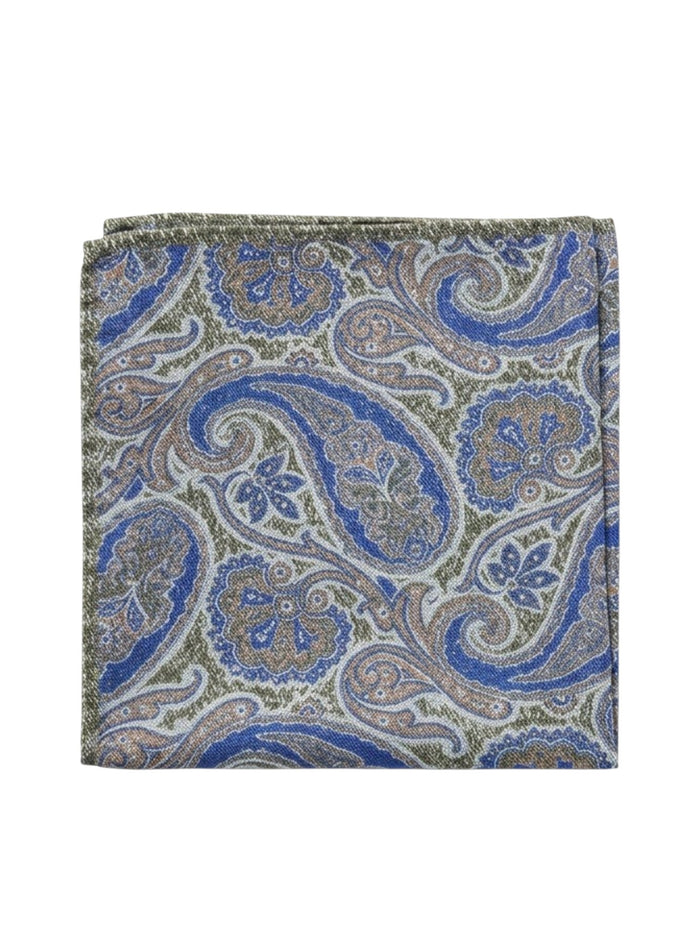 Bourgee a world class shoe store silk pocket square with blue paisley and geometric patterns on an olive background.