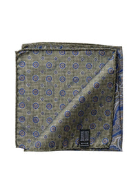 Bourgee a world class shoe store silk pocket square with olive geometric pattern and blue paisley reverse side