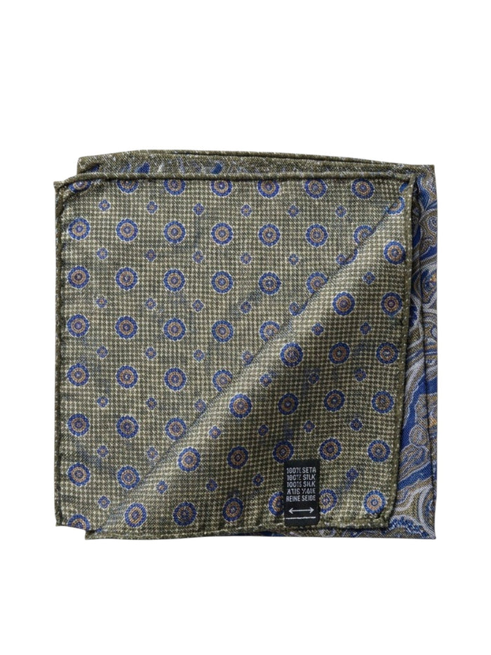 Bourgee a world class shoe store silk pocket square with olive geometric pattern and blue paisley reverse side