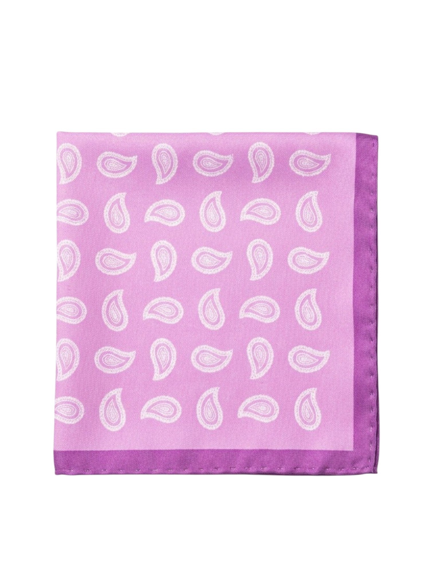 Bourgee a world class shoe store pink silk pocket square with white paisley print and a purple border for formal wear