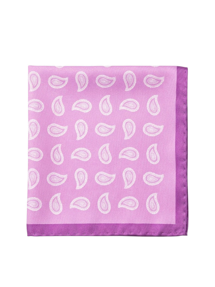 Bourgee a world class shoe store pink silk pocket square with white paisley print and a purple border for formal wear