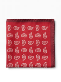 Bourgee a world class shoe store red silk pocket square with white paisley print and a solid dark red border.