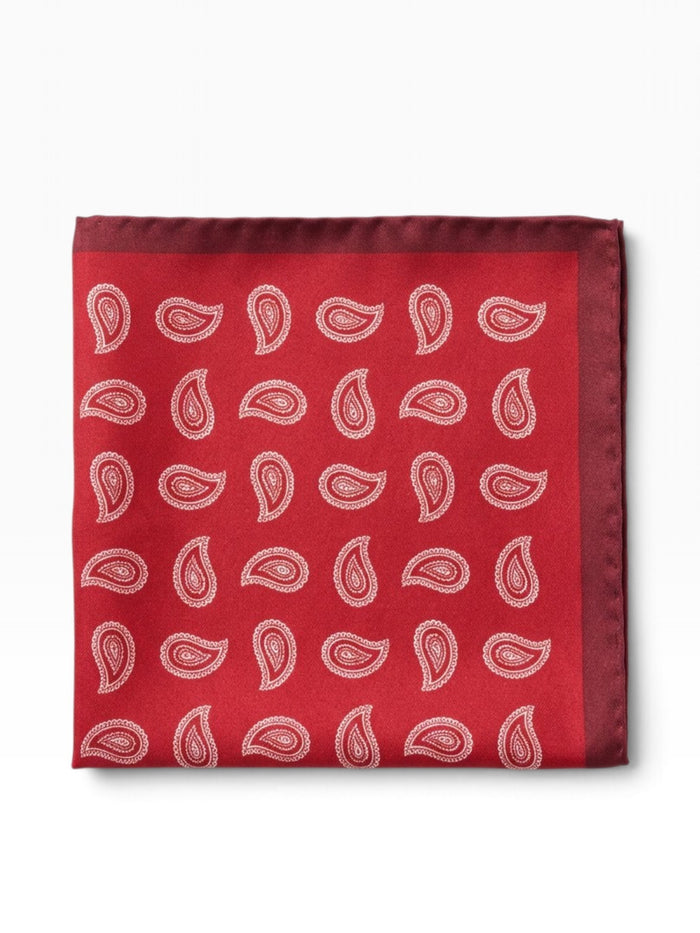 Bourgee a world class shoe store red silk pocket square with white paisley print and a solid dark red border.