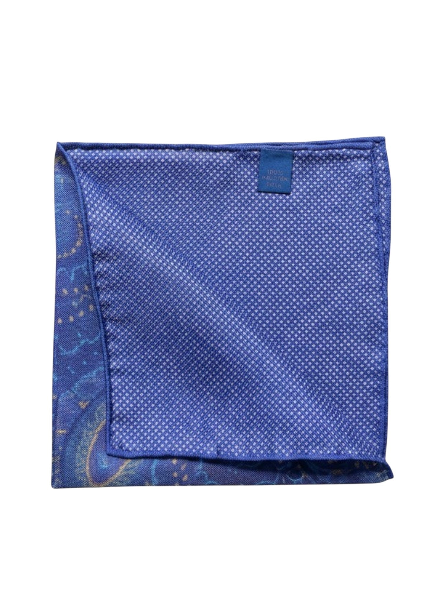 Bourgee a world class shoe store blue silk pocket square with intricate paisley print and geometric reverse side