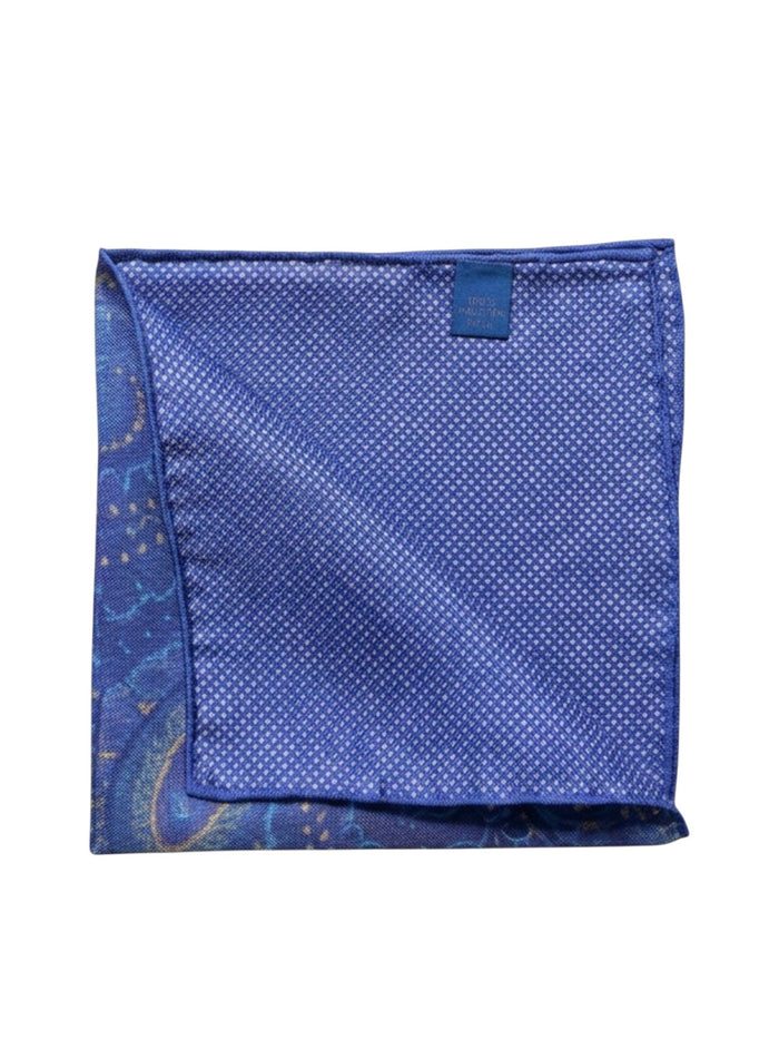 Bourgee a world class shoe store blue silk pocket square with intricate paisley print and geometric reverse side