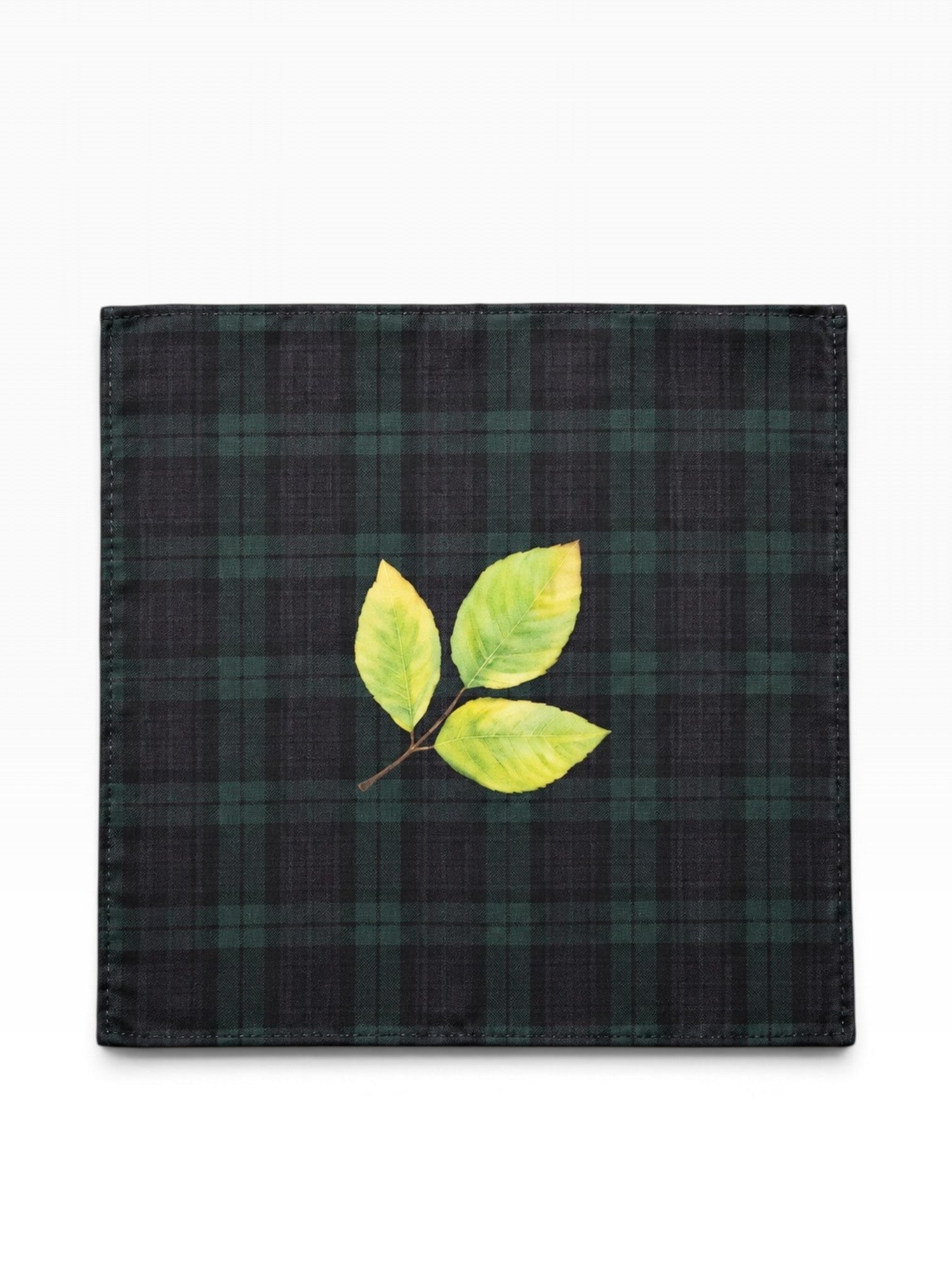 Bourgee a world class shoe store silk pocket square with a lime-green leaf print on a dark charcoal checkered pattern