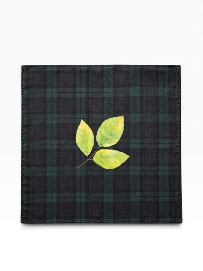 Bourgee a world class shoe store silk pocket square with a lime-green leaf print on a dark charcoal checkered pattern