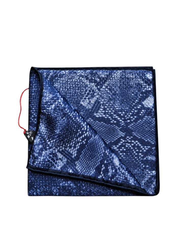 Bourgee a world class shoe store navy blue silk pocket square with a detailed geometric snakeskin print pattern