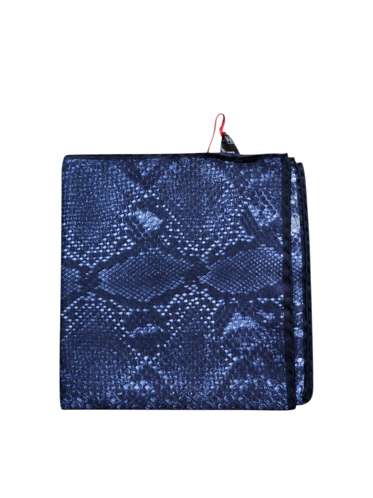 Bourgee a world class shoe store navy blue silk pocket square with a detailed geometric snakeskin-style pattern.
