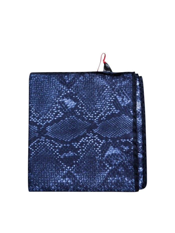 Bourgee a world class shoe store navy blue silk pocket square with a detailed geometric snakeskin-style pattern.