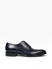 A Berwick navy blue box calf leather plain oxford toe cap shoe with a Goodyear welt construction.