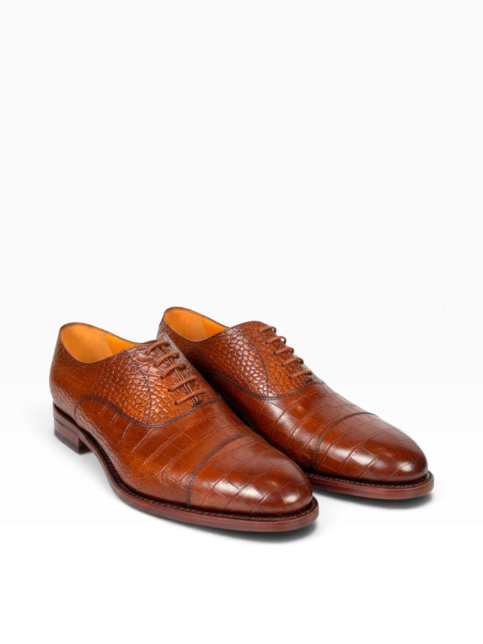 Bourgee a world class shoe store Berwick tan brown mock crocodile leather oxford shoes with a Goodyear welted sole.