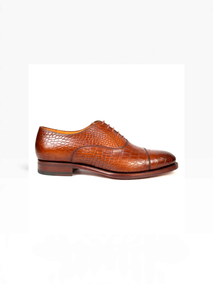 Bourgee a world class shoe store Berwick tan brown mock crocodile box calf leather oxford shoe with a leather sole