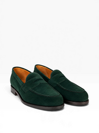 Bourgee a world class shoe store Berwick green suede penny loafer with a Goodyear welted leather sole