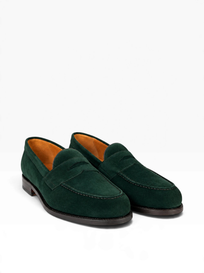 Bourgee a world class shoe store Berwick green suede penny loafer with a Goodyear welted leather sole