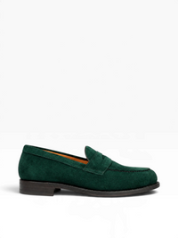 Bourgee a world class shoe store Berwick green suede penny loafer with a Goodyear welted leather sole.