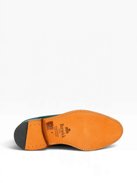Bourgee a world class shoe store Berwick green suede penny loafer showing the Goodyear welted leather outsole