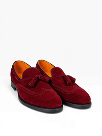 Bourgee a world class shoe store burgundy suede tassel loafers with medallion toe and Goodyear welted leather sole