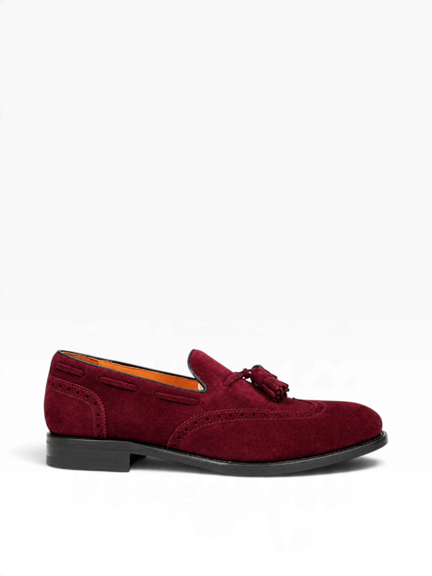 Bourgee Berwick burgundy suede tassel loafer with medallion toe and Goodyear welted leather sole