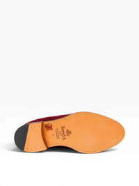 Bourgee a world class shoe store Berwick burgundy suede tassel loafer showing the Goodyear welted leather outsole
