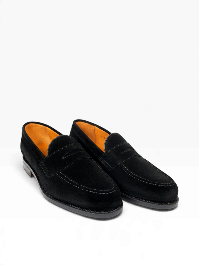Bourgee a world class shoe store Berwick black suede penny loafer with a Goodyear welted leather sole