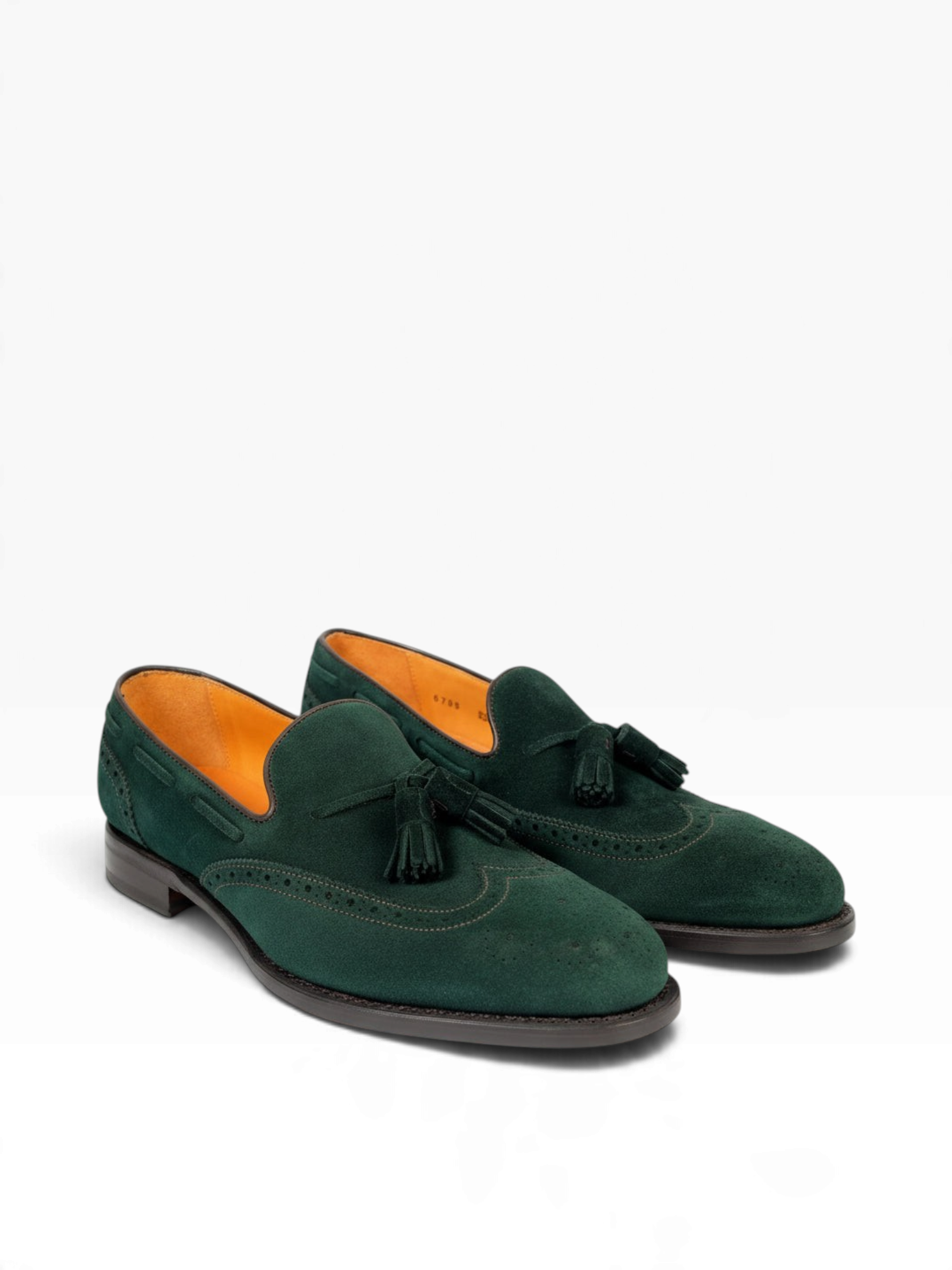 Bourgee a world class shoe store Berwick green suede tassel loafers with medallion toe and Goodyear welted sole