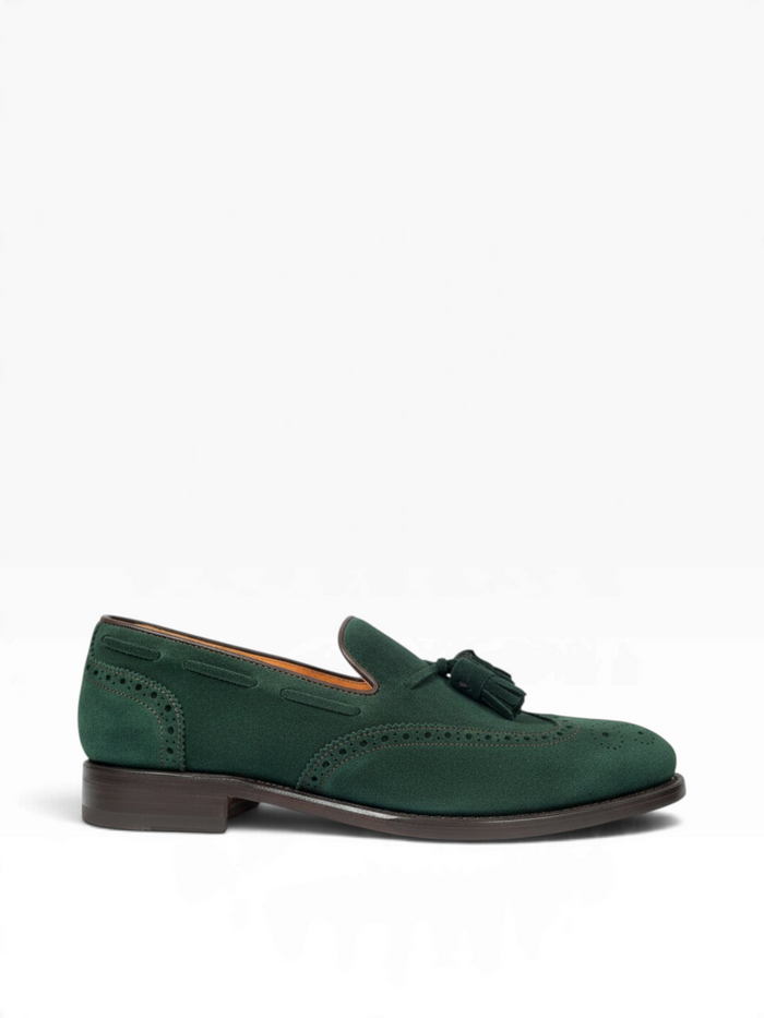 Bourgee a world class shoe store green suede Berwick tassel loafer with medallion toe and Goodyear welted sole